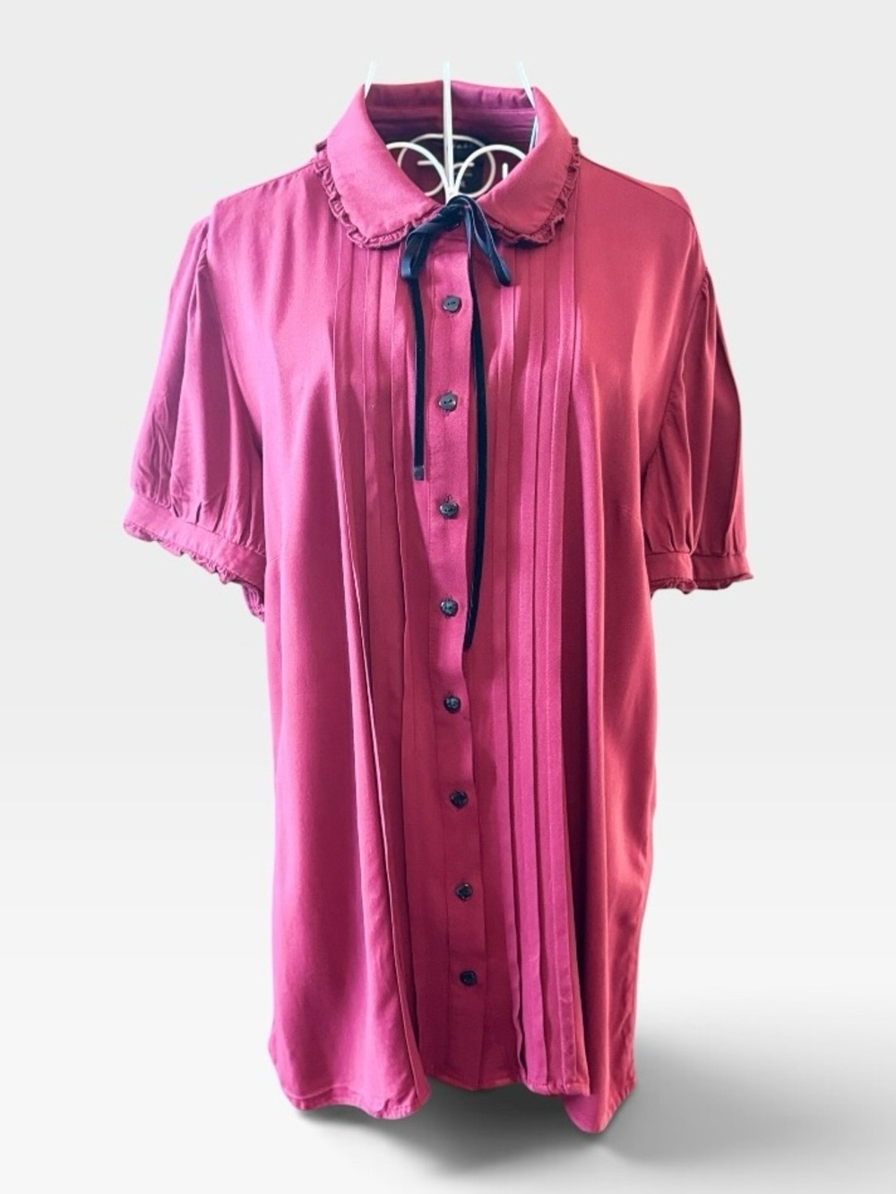 Raspberry Pink Pintuck Button-Down Blouse with Neck Tie